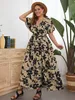 Plus size jurken bloemenprint bochtige maxi -jurk voor mollige vrouwen vintage elegante slanke fit kleding v nek groot formaat casual lang 2023 230410