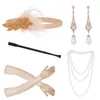 Collana Orecchini Set Donna Vintage Gatsby Feather Fascia per capelli Flapper Accessori per costumi anni '20 Bocchino per sigarette Set di guanti per orecchini di perle