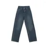 Jeans femininos aqiu loja vintage bordado lavagem azul outono/inverno 2023 cintura alta solta casual calças de perna reta