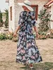 Vestido longo quimono solto feminino de verão, decote em V, manga 3/4, estampa floral, fenda, vestidos longos