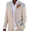 Men's Suits 2 Piece Linen Beach For Men Beige Summer Groom Tuxedo American Style Male Fashion Jacket With Pants In Stock 2023