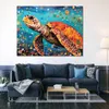 Poster impressionista con onde dell'oceano, tartaruga, collage, stampa su tela, per la decorazione della parete di una stanza tranquilla