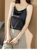 Camisoles Tanks Smmer Korean Fashion Silk Tank Top Women's Satin Office女性のノースリーブストラップCamiトップルーズグリーントップ230410