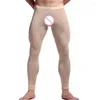 Sous-vêtements thermiques pour hommes Sexy hommes longs Johns voir à travers des leggings serrés pantalons en soie glacée sans couture poche bombée bas de sommeil mâle