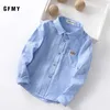 Barnskjorta gfmy Spring Autumn Oxford Textil full ärm Solid Color Blue Boys White Shirt 3T-14T Kid Casual School kläder 801 230410