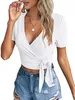 Crop for Women Summer Cute Tops with Deep V Neck Shirts Sexy Unique Cross Wrap Slim Fit Tie Up Front Short Sleeve