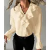 Damesblouses Herfst Mode Ruche Lange mouw V-hals Effen overhemd Elegant Kantoor Dame Enkele rij knopen Blouse Femme Blusas Chemise