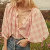 Women's Blouses 2023 Women Fashion Pink Button Up Shirts Plaid Straight Casual Top Puff Sleeve Sweet Boho T Autumn Retro