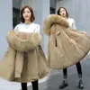 Kadın Trençkotları Polar Kalın Pamuk Giyim Büyük Kürk Yaka 2023 Kış Ceketleri Moda Parka Parka Drawstring İnce Bel Ekleme Güz