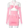 Work Dresses Cute Women 2 Piece Pink Irregular Shirts Skirts Sets Off Shoulder Cut-out Bandage Crop Top Bodycon Mini Two Outfits