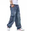 Jeans masculinos de jeans de tamanho grande Logo calças de jeans masculinas Roupas de rua casuais de pocket hip-hop Brand Blue Wide perna trem 230410