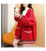 여자 니트 유니버 붉은 겨울 가을 여성 스웨터 넥타이 염료 v- 넥 길이 느슨한 한국 점퍼 캔디 대형 재킷 여성 탑 오버 코트