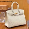 Designers Bags Handbags Pure Hand Sewing Wax Thread Ostrich Skin Womens Real Leather 30 Handbag Luxury Brand Wool White Large