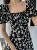 Sıradan Elbiseler Vintage Fransız Seksi Bodycon Siyah Çiçek Kare Kare Ofis Bayanlar Midi Şifon Elbise Partisi Zarif Yaz Giyim 230410