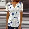 メンズTシャツ2023新しいファッション女性TシャツvネックセクシーショートレースパッチワークフラワープリントTシャツ女性サマールーズティートップ4103
