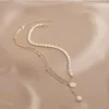 Collane con ciondolo Minar Perla d'acqua dolce ovale alla moda per le donne Girocollo con catena a maglia asimmetrica in rame placcato oro reale 14K