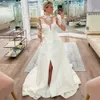 Elegante cetim uma linha vestidos de casamento jóia pescoço manga longa com bolso vestido de noiva lado split varredura trem robe de mariage