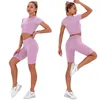 Yoga -outfit zwart 2 -delige sets dames outfits crop top top shorts fitness kleding pak gym training actieve slijtage naadloze motorrijder set