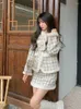 Robe de deux pièces Insozkdg Femmes élégantes Automne Hiver Jupe Costume Peluche High Street Blazer Veste Épaissir Rétro Bouton à carreaux Ensembles