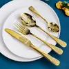 4st/set Luxury Gold Table Seary Set Rostfritt stål Cutlery Set Kniv Cutleries gafflar Kniv Kunnt middagsbröllop Favor Gift Q714