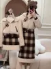 Work Dresses Sweet Girl College Style Suit Women's Autumn Plush Hooded Short Coat Plaid Wrap Hip Skirt Two-piece Set Fashion Female Clothes