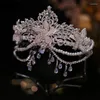 Hårklipp Pearl Crystal Crown Double Brow Chain Vintage Tiara Wedding Bride Fashion Party Princess Hairwear Luxury Jewelry for Women