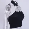 Women's T Shirts Black Solid Punk Gothic Halter Tops Women Streetwear Summer Strapless Sexy Bralette Crop Top With Metal Chains Hollow Out