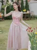 Casual Dresses 2023 Summer French Elegant Vintage Strap Dress Fairy Party Princess Solid Lace Midi Cardigan Women 2 Piece Set