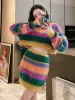 Tvådelad klänning Luxury Style Rainbow Knitting Fashion Set Women's 2 Piece Autumn Long Sleeve Pullover Short Sweater Mini Kjol Duits Outfits 2024