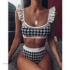 Taille haute Bikini nouveau imprimé volants maillot de bain femme maillots de bain en dentelle femmes ensemble d'été maillot de bain Swimming4cz6