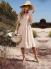 Casual jurken Jim Nora dames V-hals knop Down Casual MIDI-jurk A-lijn A-lijn korte mouwen Solid Summer Dress 230410