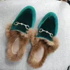 Slippers Lady Imitation Rabbit Hair Winter Warm Shoes Short Plush Front Closed Toe Half Slides For Outdoor Leather Metal Chain Slippers 231110