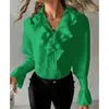 Damesblouses Herfst Mode Ruche Lange mouw V-hals Effen overhemd Elegant Kantoor Dame Enkele rij knopen Blouse Femme Blusas Chemise