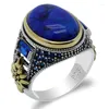 Кольца кластера, мужские кольца с камнем лазурит, винтажное серебро 925 пробы, большой натуральный синий для мужчин и женщин, ювелирные изделия, Рождественский подарок