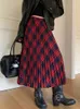 スカートQiukichonson Preppy Style Red Women Plaid Teen Girls Vintage autunt Winter High WaistedA-Line Pleted Mid Long Skirt