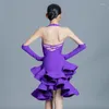 Stage Wear 2023 Latin Dance Costume Girls Purple Sleeveless Dress Ruffled Skirt Child Tango Chacha Ballroom SL7643