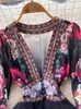 Casual Dresses Fashion Runway Gorgeous Flower Chiffon Cascade Ruffled Dress Womens Deep Vneck Long Sleeve Floral Print Bohemian Robe Vestito 230410