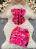 Vestidos de trabalho femininos 2 peças conjunto sexy floral impresso sem alças sem mangas magro colheita superior e cintura elástica mini bodycon saia ternos