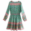 Abiti casual Abito ispirato a maniche lunghe tuiquoise per donna Abito con scollo a V e coulisse in vita Abito gypsy primavera estate abito da donna