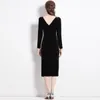 Hepburn Style Black Fitted Dress Women Designer Flare Sleeve Ruffled Mock Neck Slim Wrap Hip Split Party Dresses Ballgown 2023 Spring Fall Vacation Midi Frocks