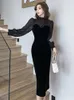 Casual Kleider Mode Damen Schwarz Samt Splic Mesh Lange Kleid Frauen Elegante Vintage Hülse Slim Midi Robe Femme Mujer Vestidos straße C