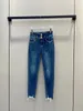 Damen Jeans Mode Weiche Denim Bleistift Hosen Für Frauen 2023 Herbst Top Qualität 3 Tasten Hohe Taille Stickerei Blau ausgefranste Manschetten Dame