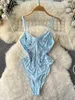 Nxy Embroidery Sexy Women Bodysuits V Neck Strap Backless Lace Rompers Ladies Transparent Slim Mesh Palysuits 230328