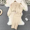 Casual Dresses Female Elegant Sticking Suits Pearl O Neck Tees Two Piece Women Sweater Dress Slim Fit Ribbed Maxi Robe Femme Vestidos