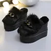 Slippers Round Head Woolen Cotton Slippers for Women Wear Autumn and Winter Thick Soled Slope Heel Casual Metal Chain Women's Shoes 231110
