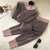 Kvinnors tvådelar Pants Casual Knit Patchwork Two-Piece Sweater Cardigan Jacka Women Autumn Fashion Sports Zip Top and Drawstring Bandage