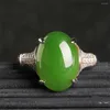 Cluster Ringen Echte 925 Zilveren Jasper Ring Verstelbaar Met Certificaat Retro 10x14mm Kralen Groene HeTian Jade Vinger Vrouw cadeau Sieraden