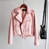 Women's Leather & Faux Ly Varey Lin Autumn Short Soft Jacket Women Moto Zipper Pu Basic Jackets Black Pink Yellow Coat With Belt