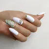 False Nails Ballerina Customize Press On Matte White Black Crystal Decoration Extra Long Coffin Tips 24PCS Fake