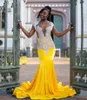 女性用のラインストーンプロムドレス黄色のベート人魚のイブニングドレス